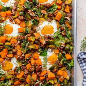 Sweet potato hash on a baking tray.