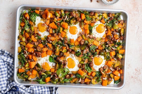 The sweet potato hash after being baked in the oven.