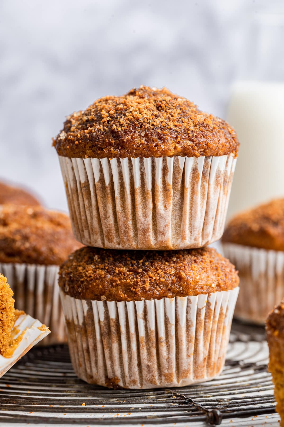 Two sweet potato muffins stacked on one another.