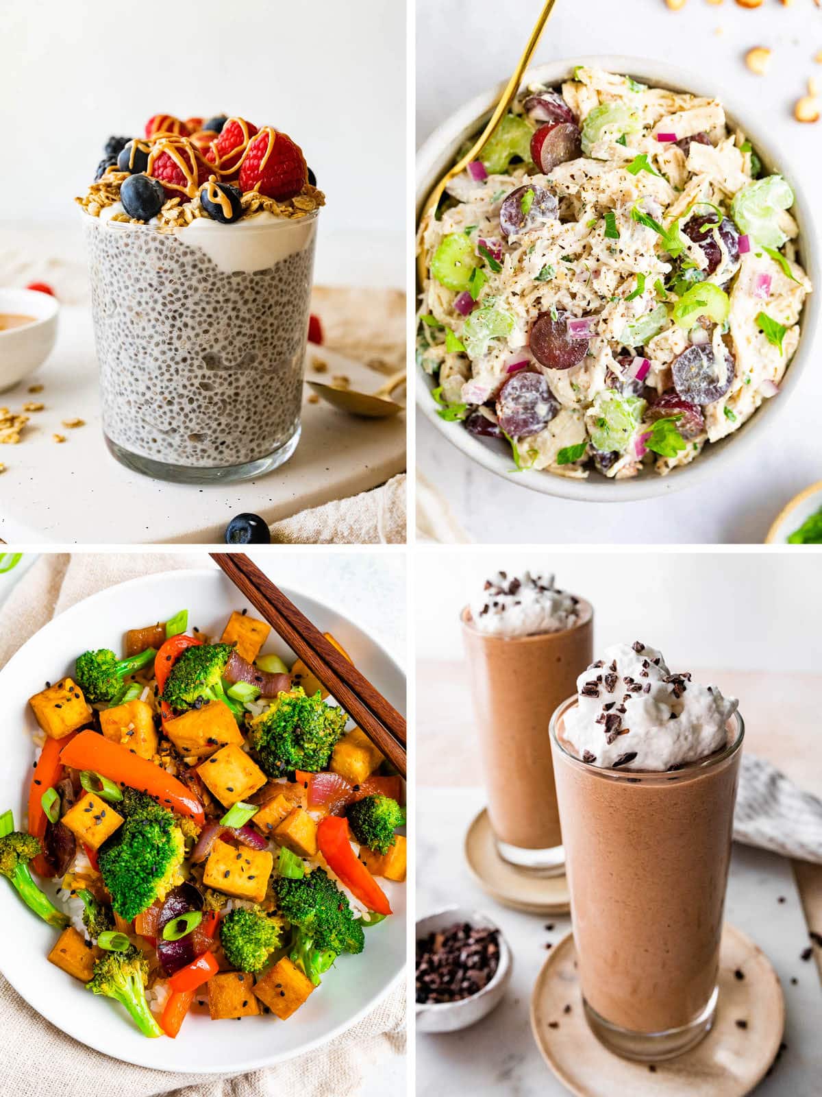 Collage of four photos: protein chia pudding, chicken salad, tofu stir fry and a chocolate protein shake.