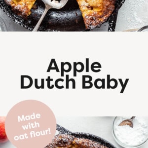 Two photos of an Apple Dutch Baby in a cast iron skillet with powdered sugar on top. One photo shows the Apple Dutch Baby with slices cut and a pie serving spoon.