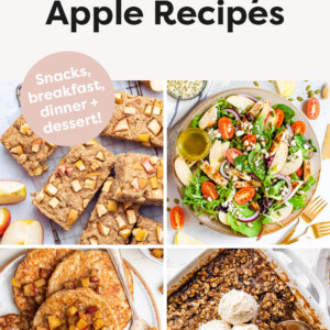 Collage of four photos: apple chicken salad, apple oatmeal bars, apple pancakes and apple crisp.