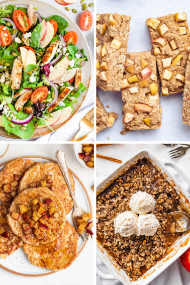 Collage of four photos: apple chicken salad, apple oatmeal bars, apple pancakes and apple crisp.