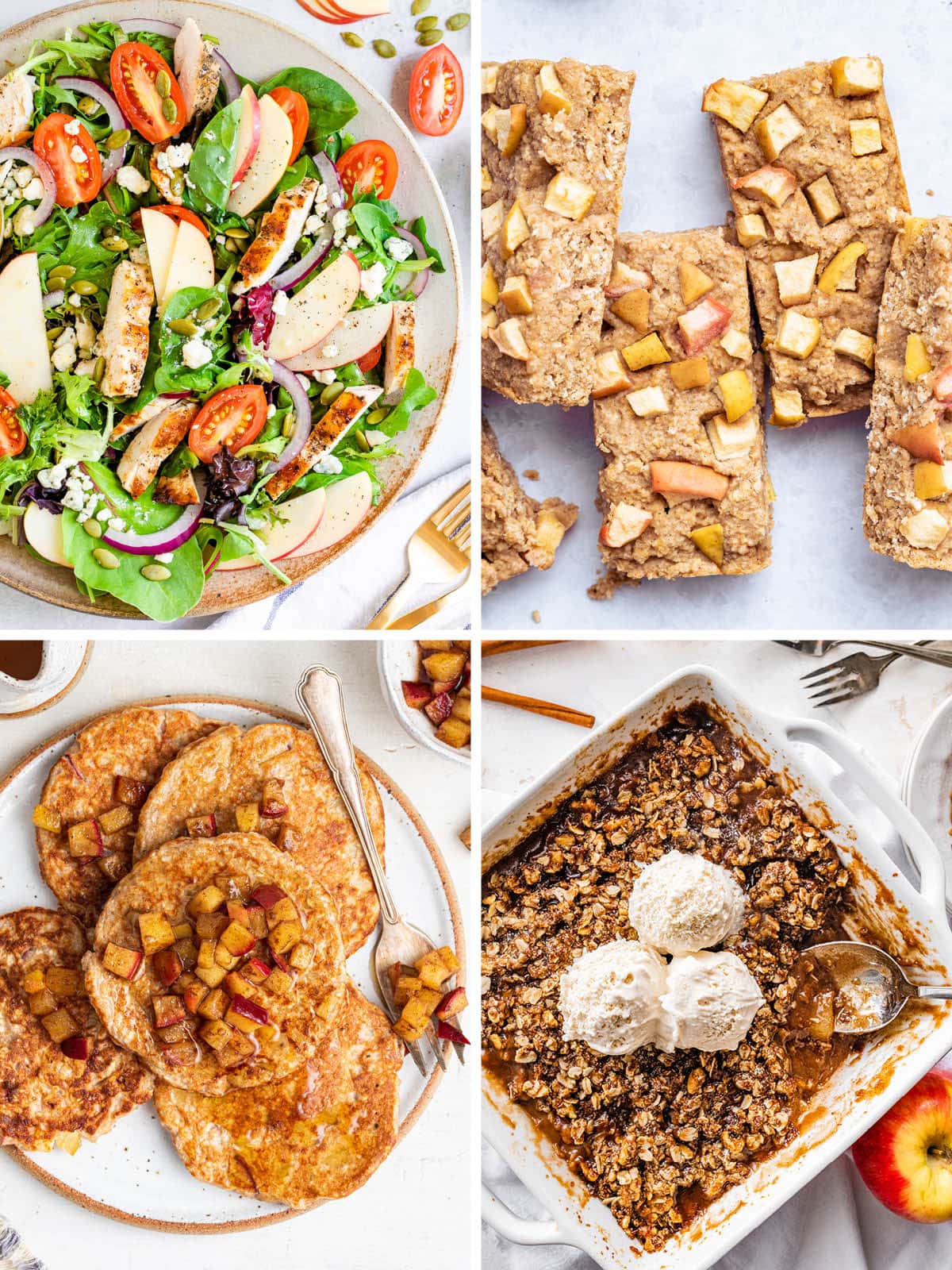 Collage of four photos: apple chicken salad, apple oatmeal bars, apple pancakes and apple crisp.