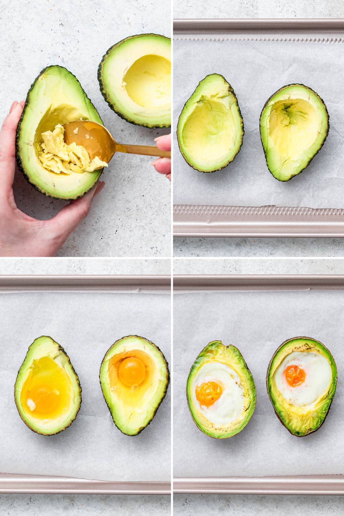 Photos showing the steps to make Baked Avocado Eggs: hollowing our an avocado, cracking an egg inside and then baking them.