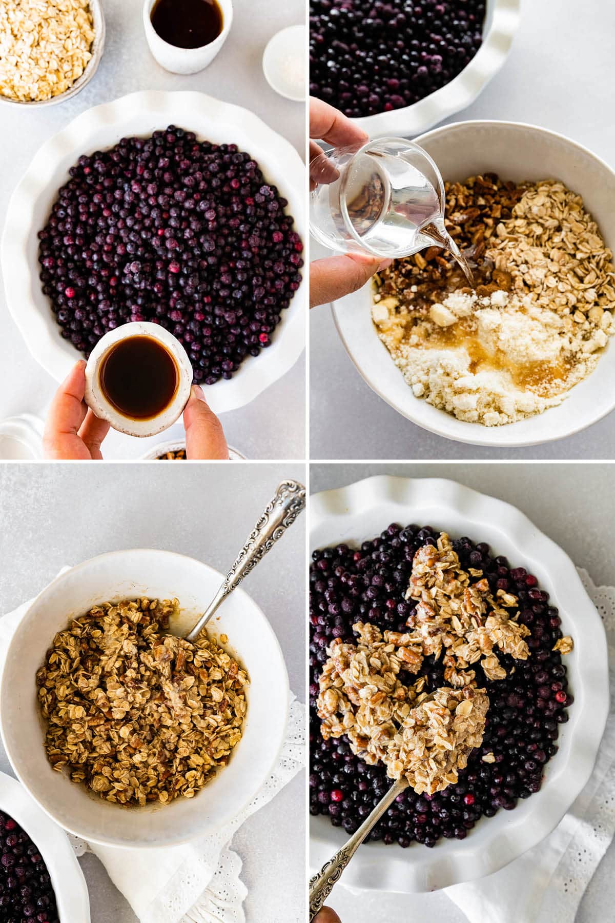 Collage of four photos showing how to make Healthy Blueberry Crumble: adding vanilla to the berries and topping the berries with a crumble in a pie dish.