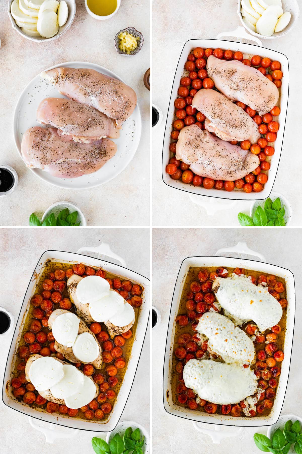 Collage of four photos showing the steps to make Baked Caprese Chicken: adding chicken and tomatoes to a baking dish, baking and then adding mozzarella and melting it.