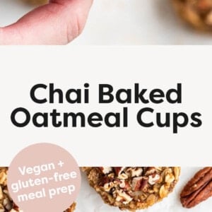 Hand holding a Chai Baked Oatmeal Cup with a bite taken out of it. Photo below is of Chai Baked Oatmeal Cups on a table.