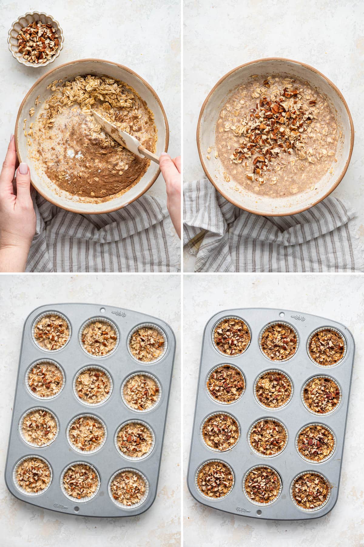 Collage of four photos showing how to make Chai Baked Oatmeal Cups: mixing the oatmeal batter and then baking in a muffin tin.
