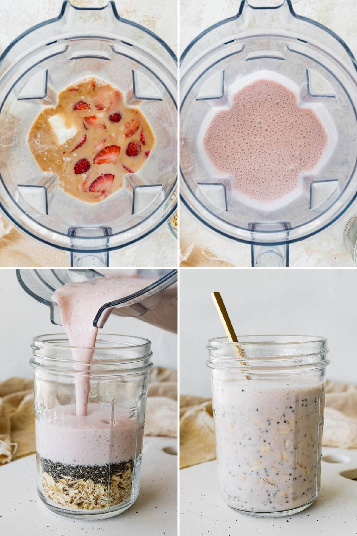 Collage of four photos showing how to make Strawberry Cheesecake Overnight Oats: blending milk, berries and cottage cheese, then mixing with chia seeds and oats in a jar.