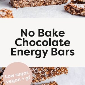 No Bake Chocolate Energy Bars in a stack, and laid out on a table next to a bowl of coconut.