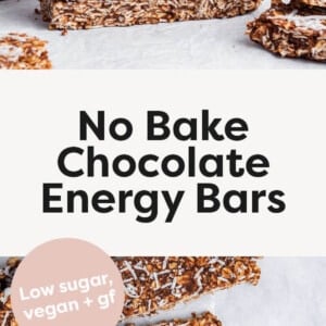 No Bake Chocolate Energy Bars in a stack, and laid out on a table next to a bowl of coconut.