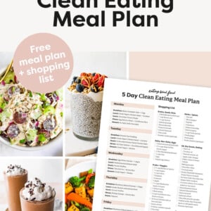 Picture of a meal plan calendar and shopping list. Collage of four photos: protein chia pudding, chicken salad, tofu stir fry and a chocolate protein shake.