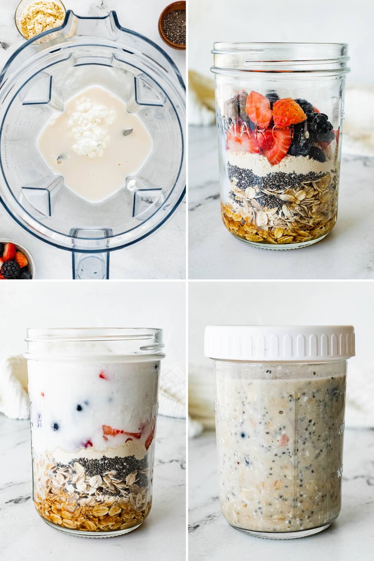 Collage of four photos showing how to make Cottage Cheese Overnight Oats: blending cottage cheese with almond milk, adding the mixture to a jar with oats, protein powder, berries and chia seeds, and then the oats setting in a jar.