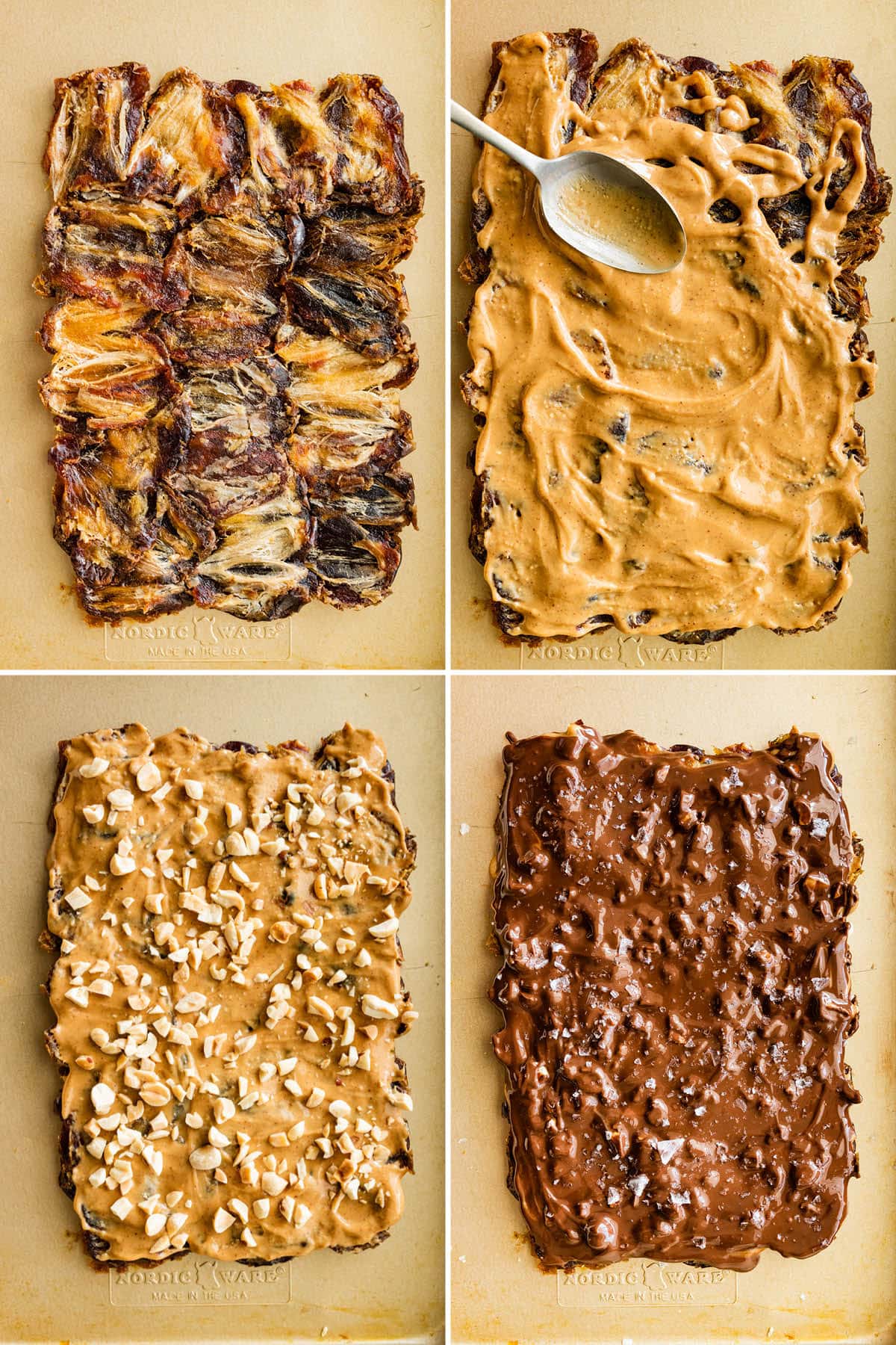 Collage of four photos showing how to make Date Bark: spreading dates on a sheet pan, topping with peanut butter, peanuts, melted chocolate and sea salt.