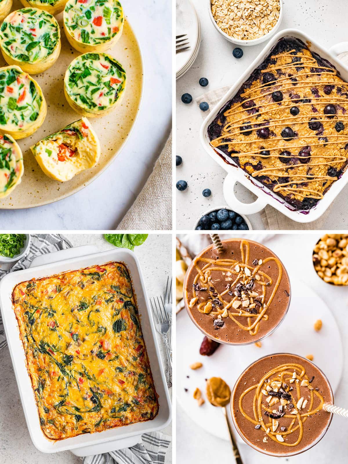 Collage of breakfast items: egg cups, protein baked oatmeal, hash brown casserole, chocolate protein smoothie.