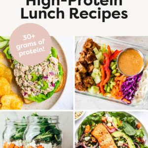 Collage of four photos: tuna salad, noodle prep bowls, lentil and kale salad jar, and a superfood salmon salad.