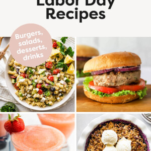 Collage of food photos: Greek pasta salad, turkey burger, frose and blueberry crumble.