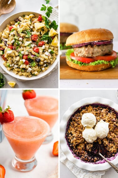 Collage of food photos: Greek pasta salad, turkey burger, frose and blueberry crumble.