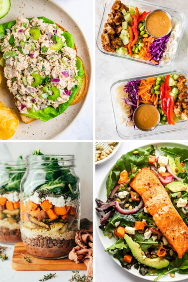 Collage of four photos: tuna salad, noodle prep bowls, lentil and kale salad jar, and a superfood salmon salad.