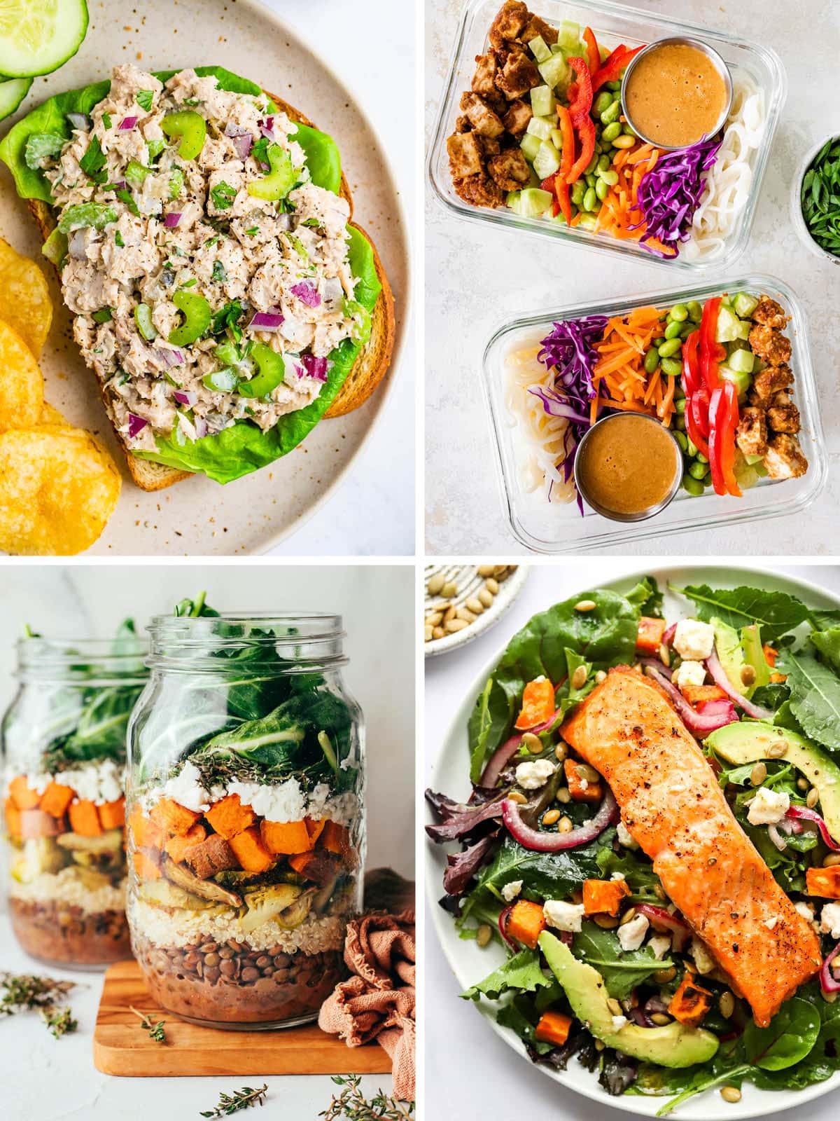 Collage of four photos: tuna salad, noodle prep bowls, lentil and kale salad jar, and a superfood salmon salad.