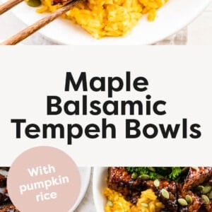 A white bowl with maple balsamic tempeh, broccoli, pumpkin seeds, and pumpkin rice. Wooden chopsticks pick up a piece of tempeh from the bowl. Photo below is of two tempeh bowls.