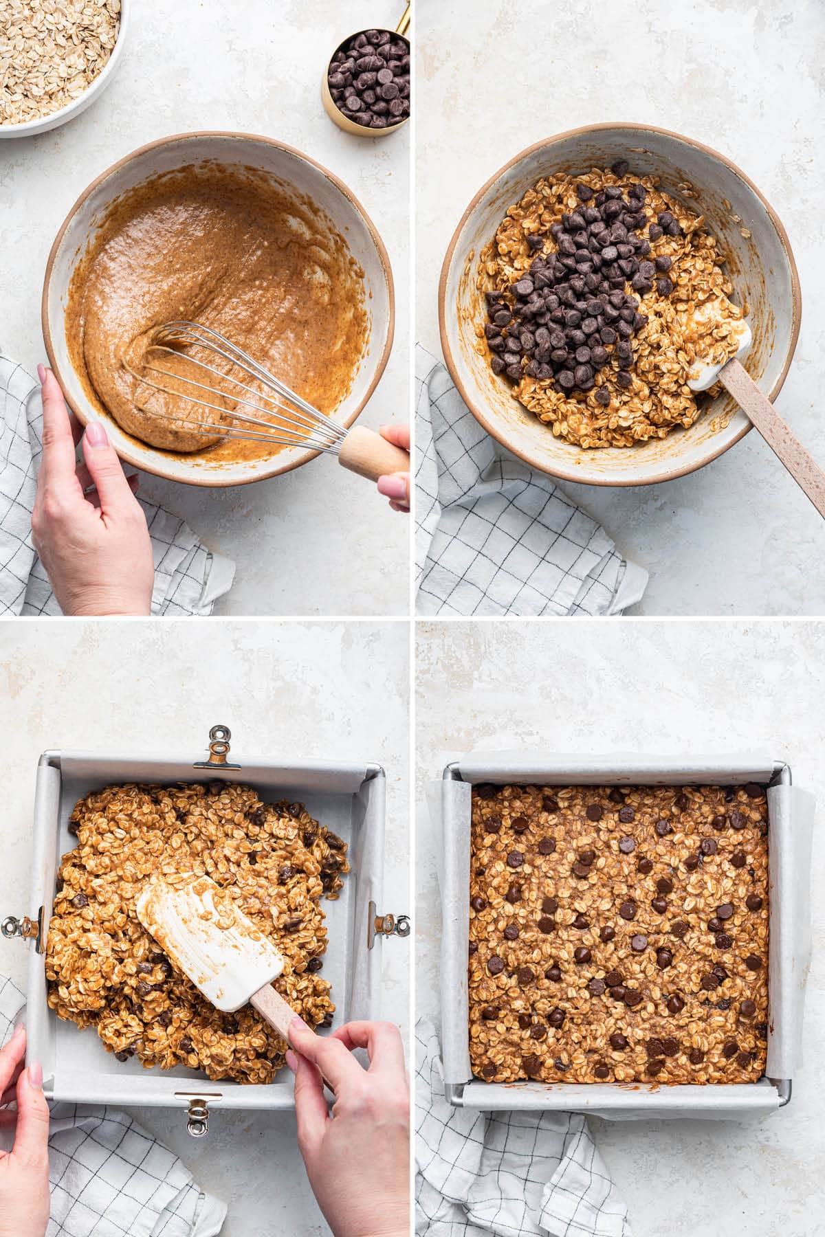 Collage of four photos showing how to make Healthy Oatmeal Chocolate Chip Bars: mixing the batter, adding to a pan and baking.