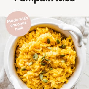 Bowl of Pumpkin Rice topped with pepitas.