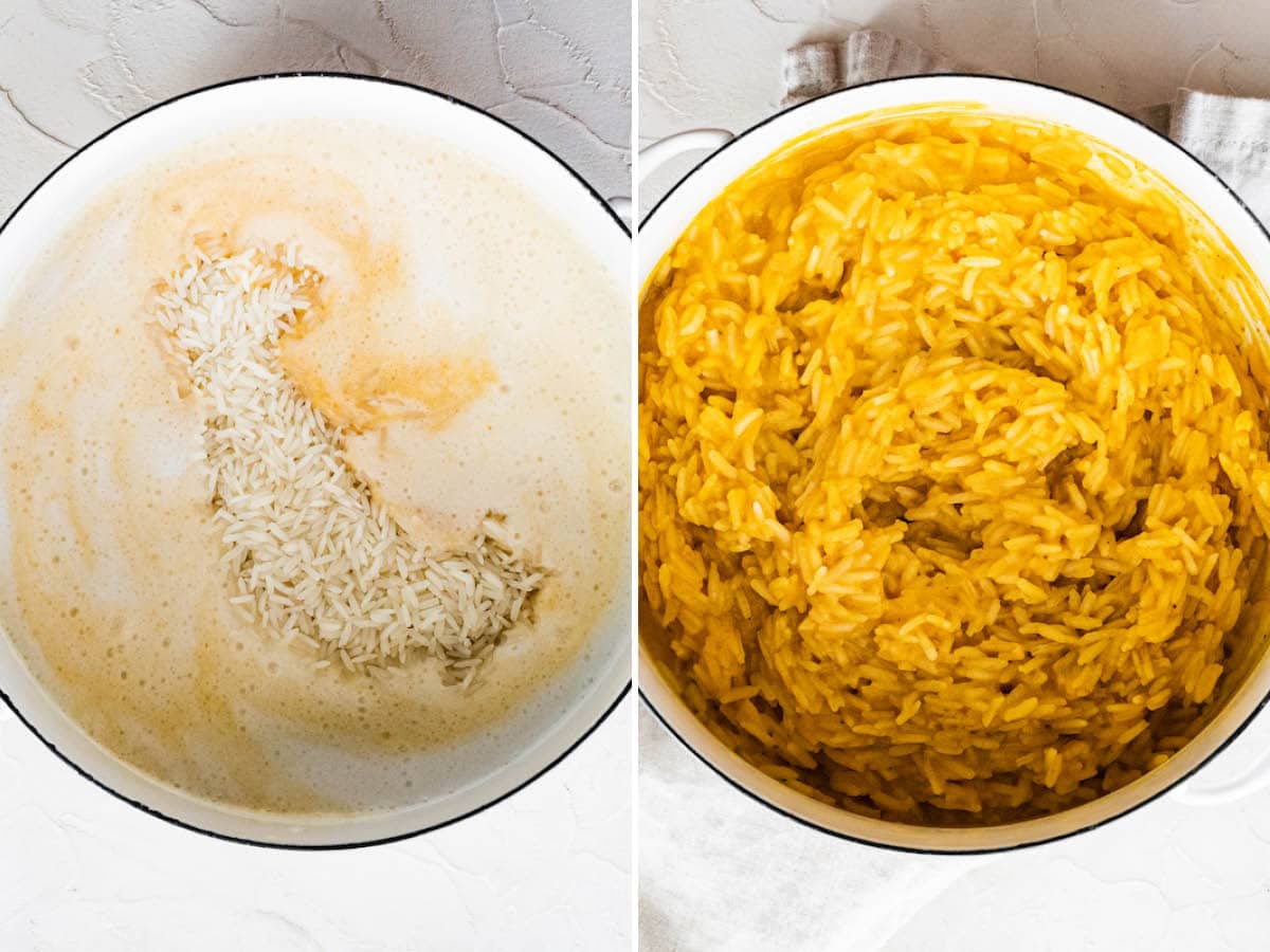 Two photos showing how to make Pumpkin Rice: two pots with the before and after of how to make Pumpkin Rice: liquid and rice in the pot before and after cooking.