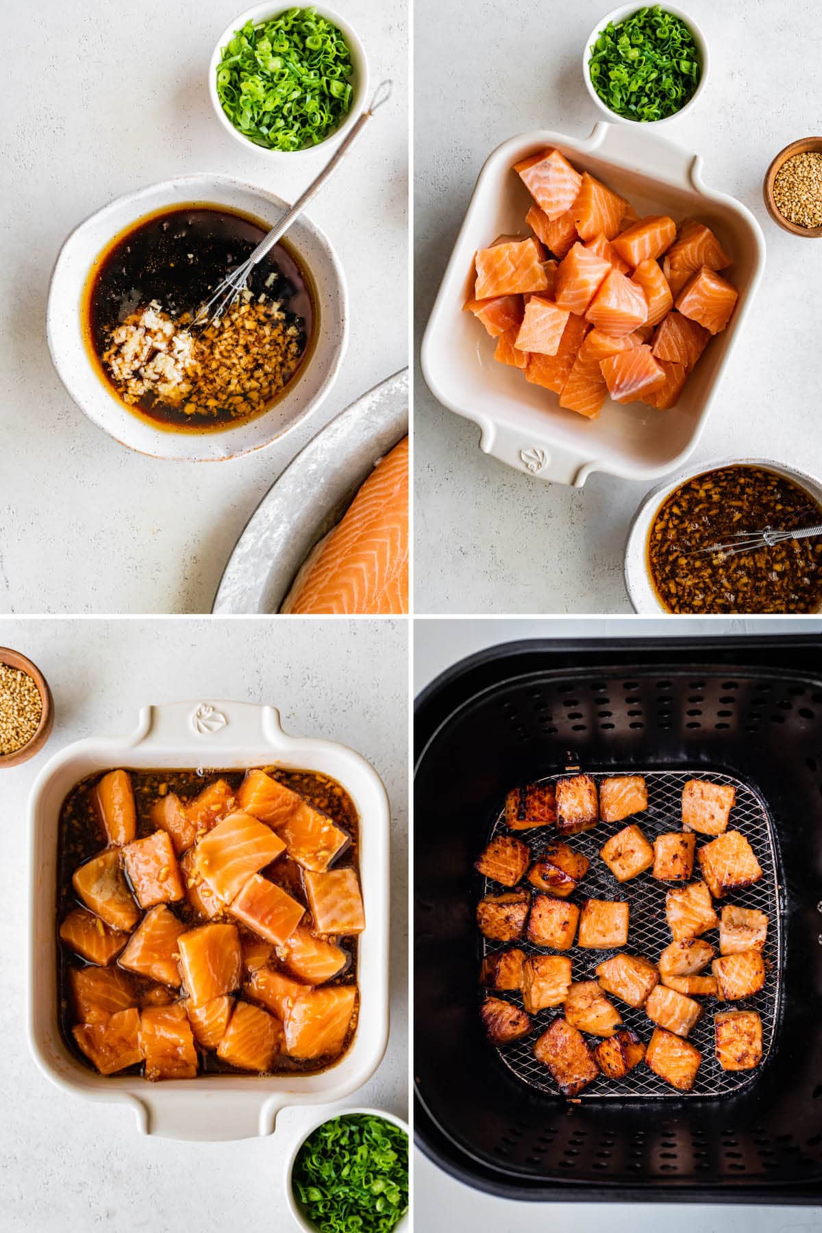 Collage of four photos showing how to make Air Fryer Salmon Bites: making teriyaki sauce, marinating salmon chunks in sauce and then cooking in an air fryer basket.