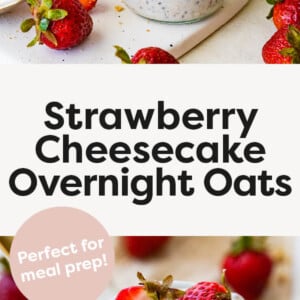 Strawberry cheesecake overnight oats in jars and layered with graham cracker crumbs and sliced strawberries.