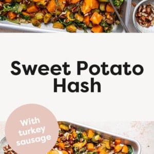 Photos of sweet potato hash on a baking tray with hot sauce.