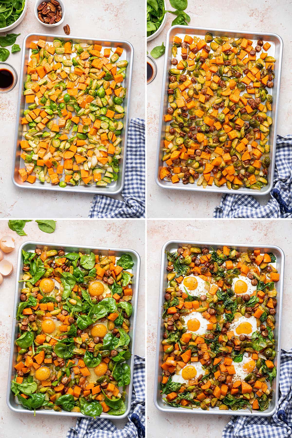 Collage of four photos showing how to make Sweet Potato Hash: roasting brussels, sweet potatoes and turkey sausage, then adding eggs and spinach.