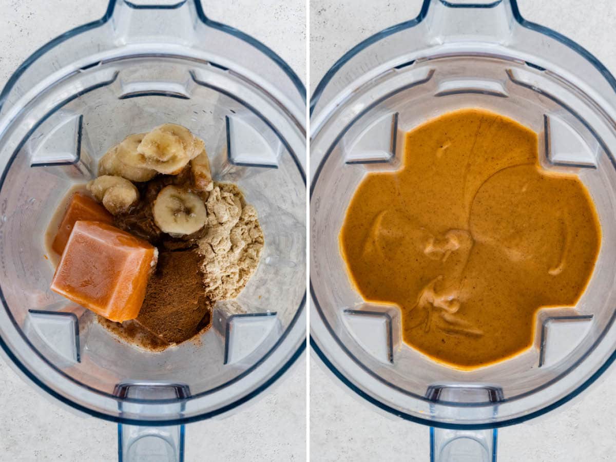 Side by side photos of ingredient to make a sweet potato smoothie in a blender, before and after being blended.