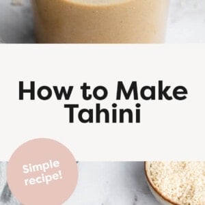 Two photos of tahini in a jar with a spoon.