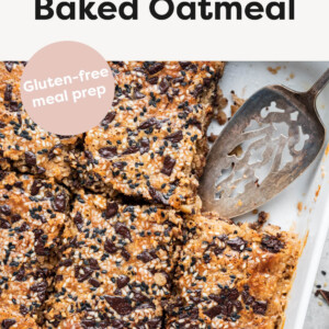 Tahini Baked Oatmeal in a baking dish. A spatula has taken out of slice.
