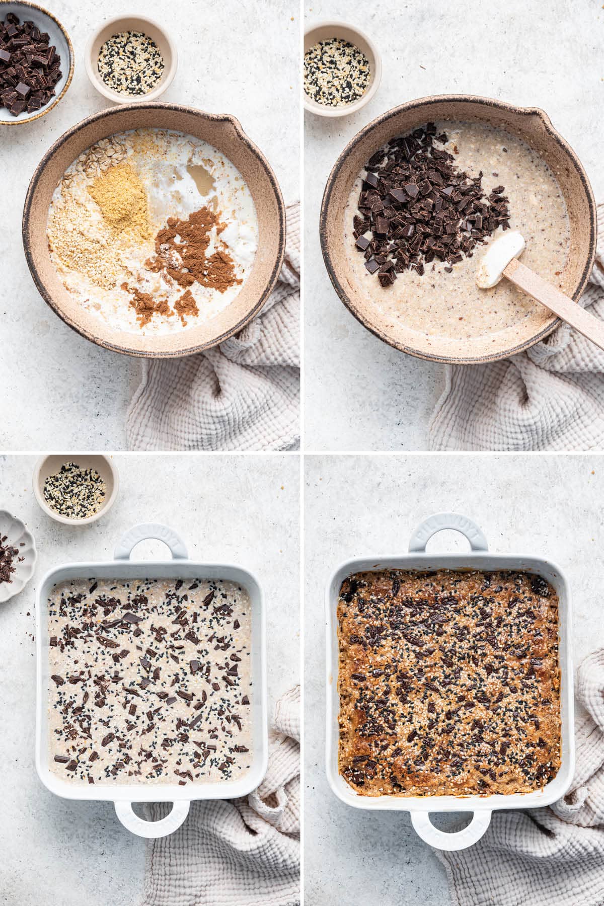 Collage of four photos showing how to make Tahini Baked Oatmeal: mixing the batter, adding to a pan topped with chocolate and baking.