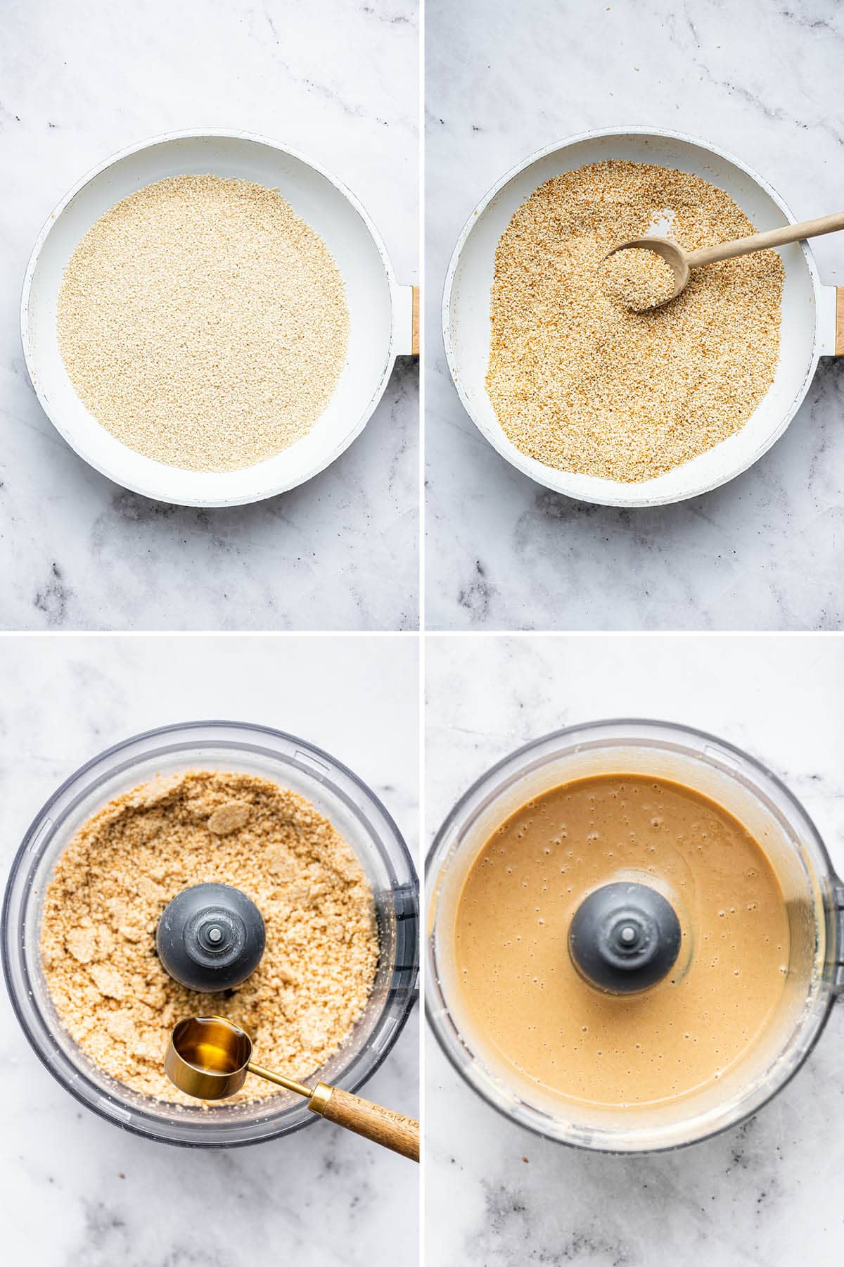 Four photos showing the process to make tahini: toasting sesame seeds, blending in food processor and adding a little oil to make smooth.