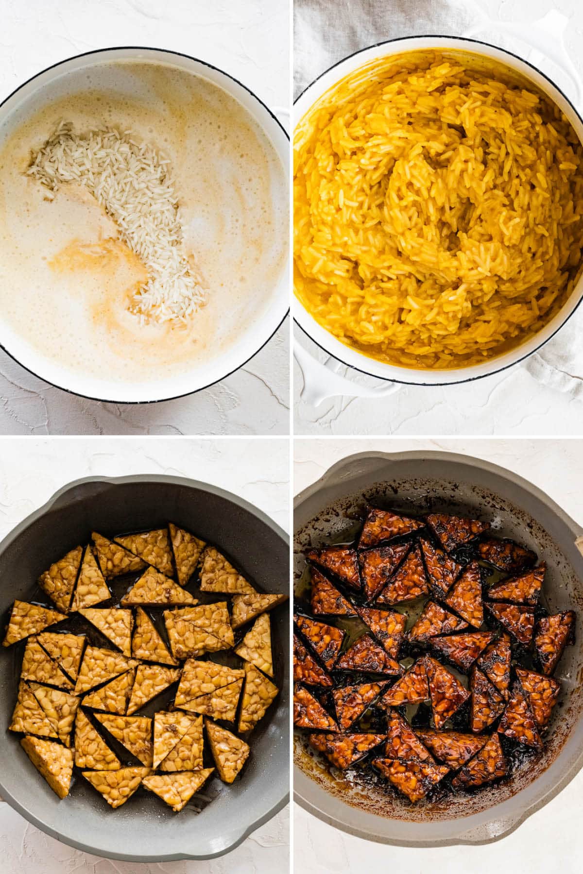 Collage of four photos showing pumpkin rice being made in a pot, and maple balsamic tempeh being cooked in a pan.