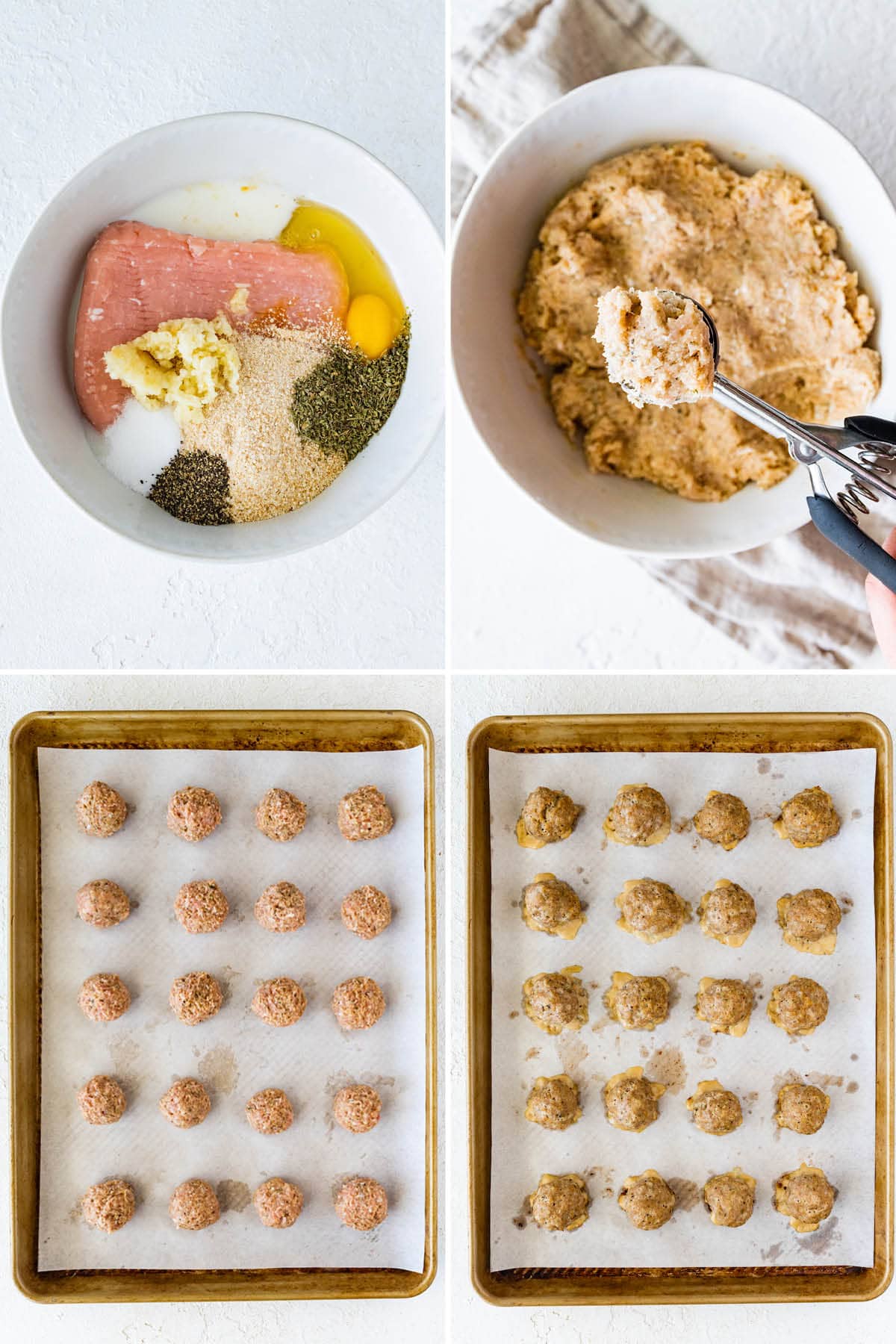 Collage of four photos showing how to make Baked Turkey Meatballs: mixing the turkey meatball mixture in a bowl, and then baking the meatballs on a baking sheet.