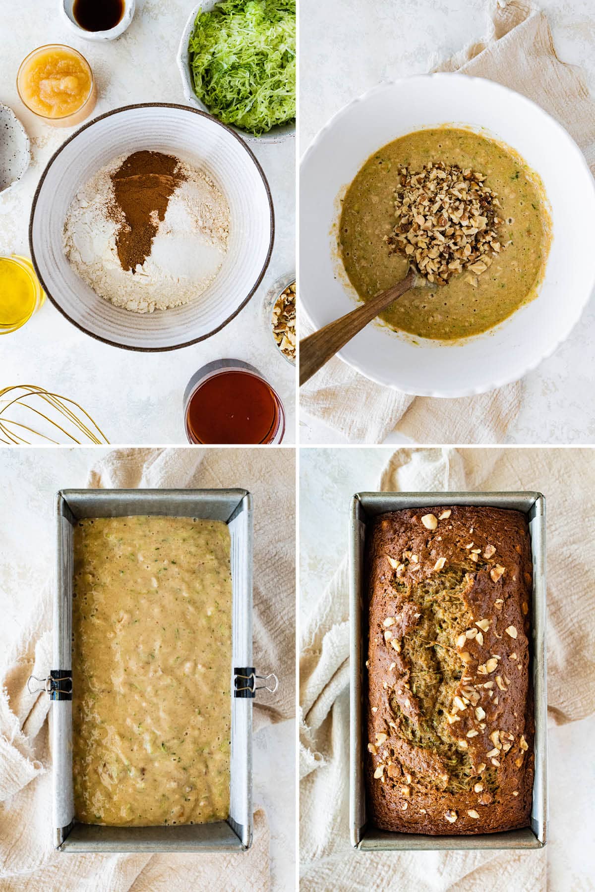Collage of four photos showing how to make Healthy Zucchini Bread: mixing the batter and then baking in a loaf pan.