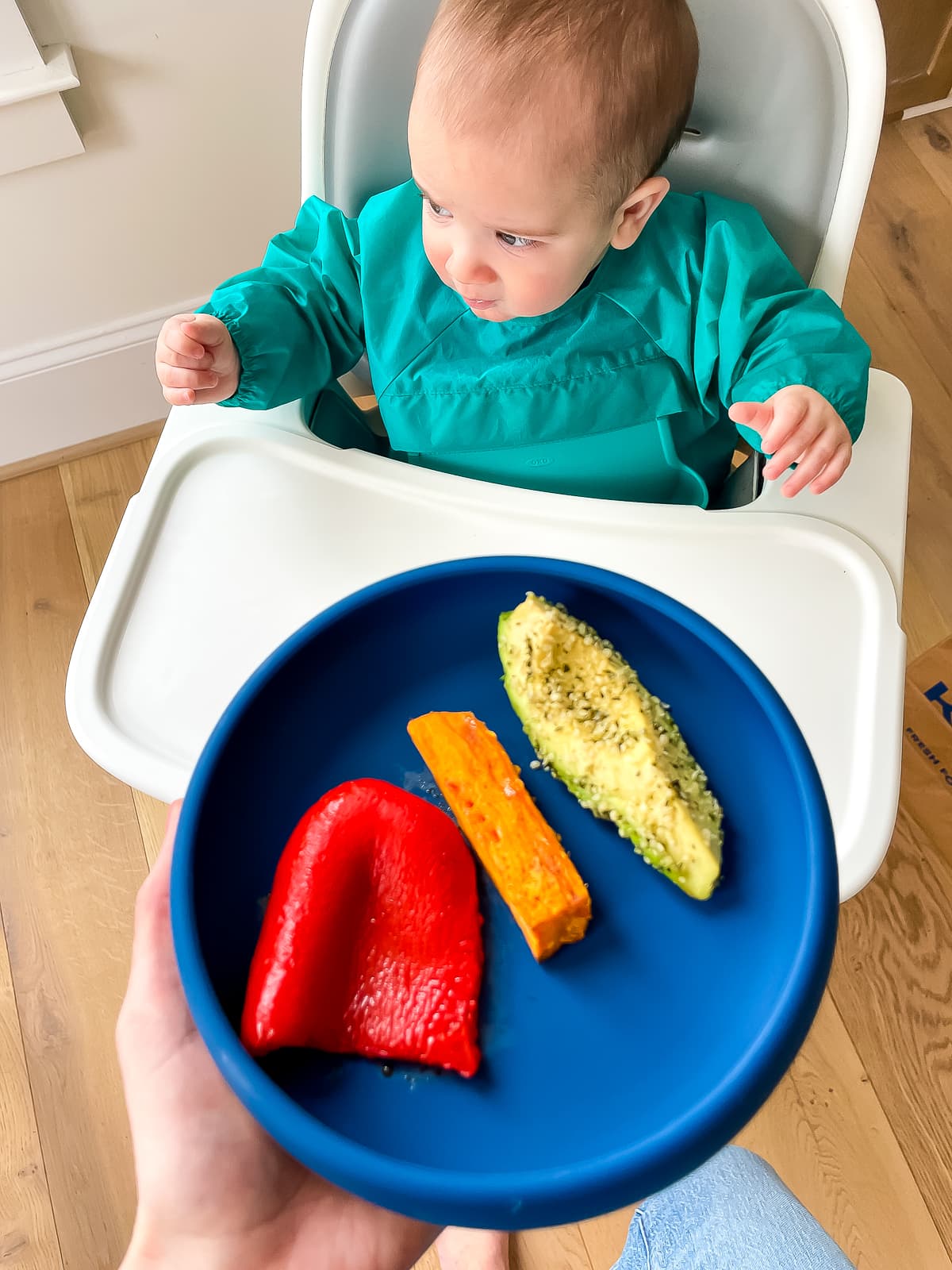 Baby boy in a high chair wearing a green bib with a plate being served of bell pepper, sweet potato and avocado with hemp seeds