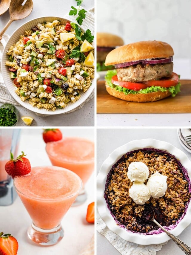 Collage of food photos: Greek pasta salad, turkey burger, frose and blueberry crumble.