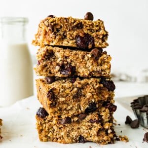 Four oatmeal breakfast bars stacked on one another.