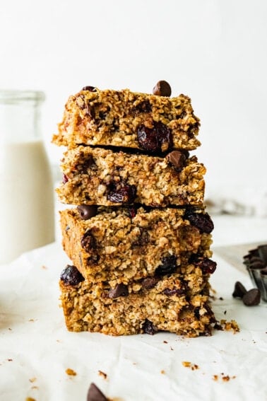 Four oatmeal breakfast bars stacked on one another.