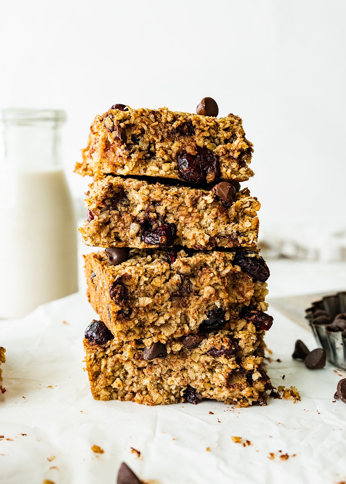 Four oatmeal breakfast bars stacked on one another.