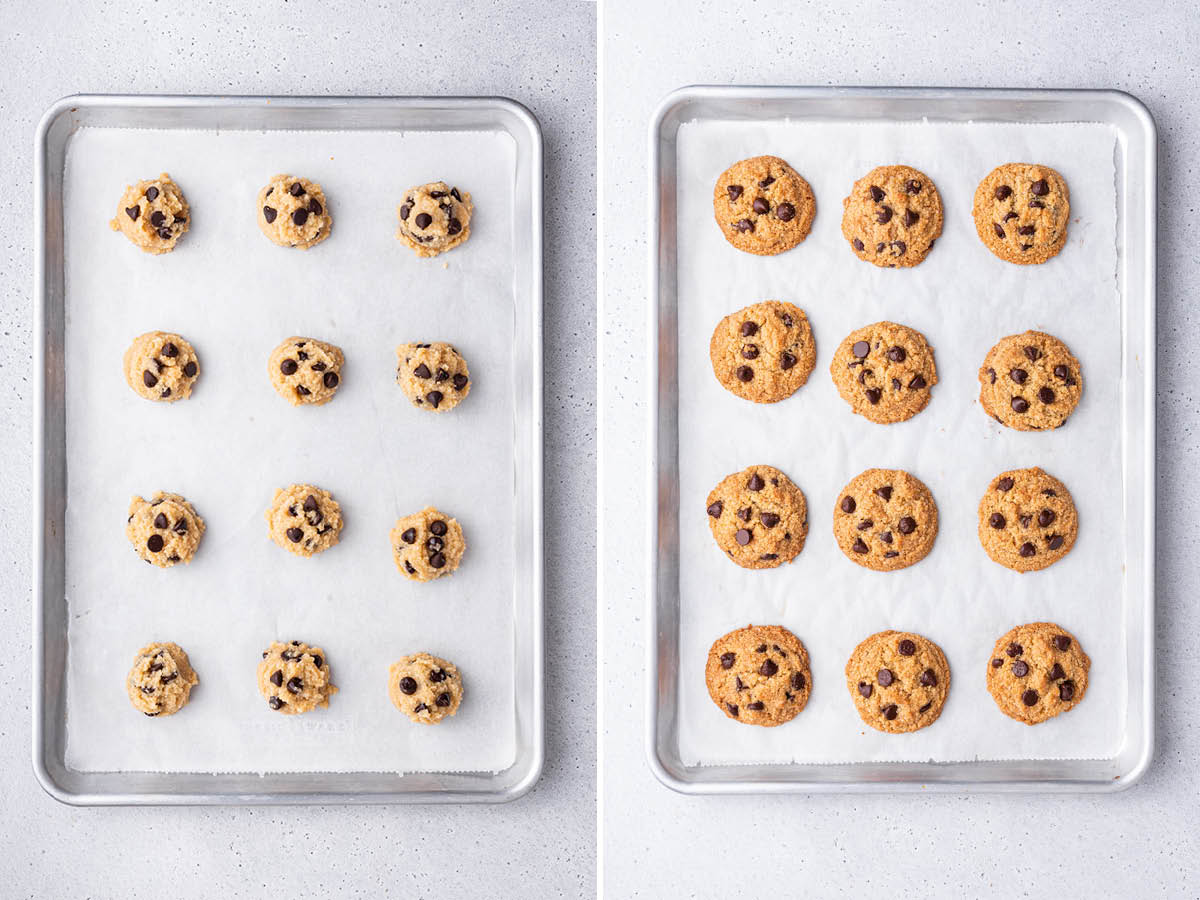 Two photos of a cookie sheet, of the Almond Flour Chocolate Chip Cookies before and after being baked.