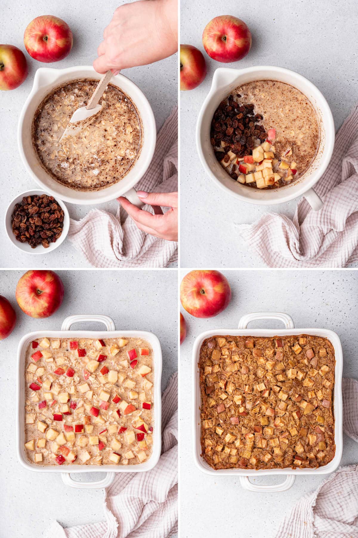 Collage of four photos showing how to make Apple Cinnamon Baked Oatmeal: mixing the oatmeal mixture, adding to a baking dish, topping with apples and baking.