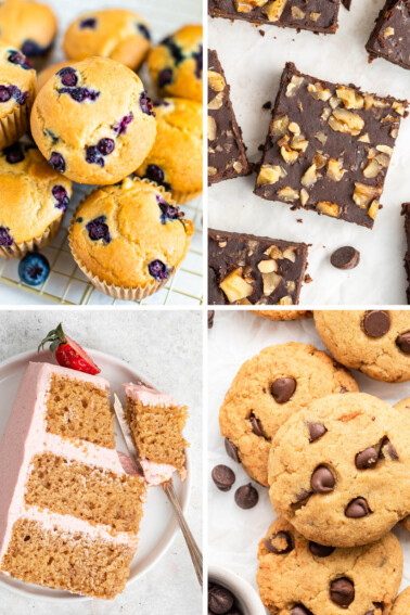 Collage of photos: blueberry muffins, brownies, slice of strawberry cake and coconut flour chocolate chip cookies.