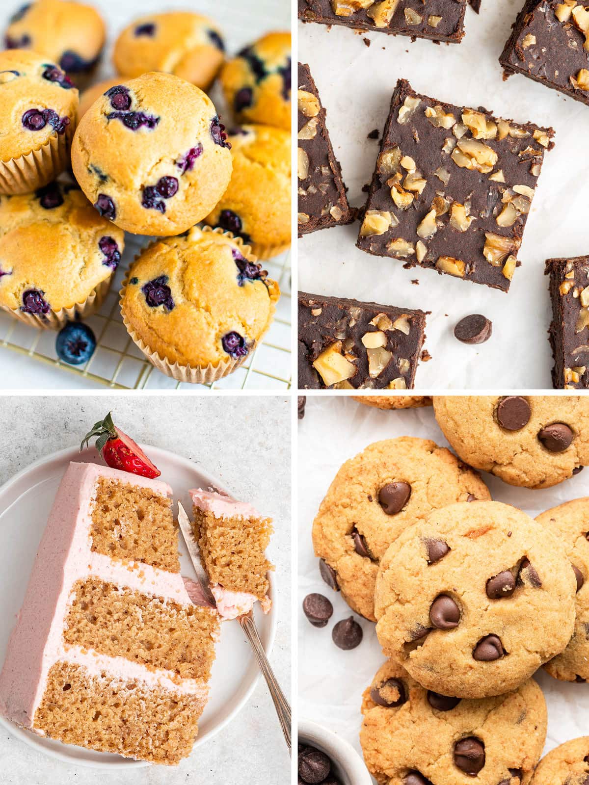 Collage of photos: blueberry muffins, brownies, slice of strawberry cake and coconut flour chocolate chip cookies.